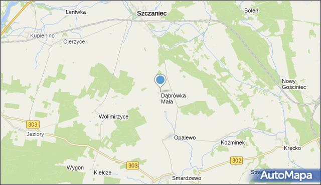 mapa Dąbrówka Mała, Dąbrówka Mała gmina Szczaniec na mapie Targeo